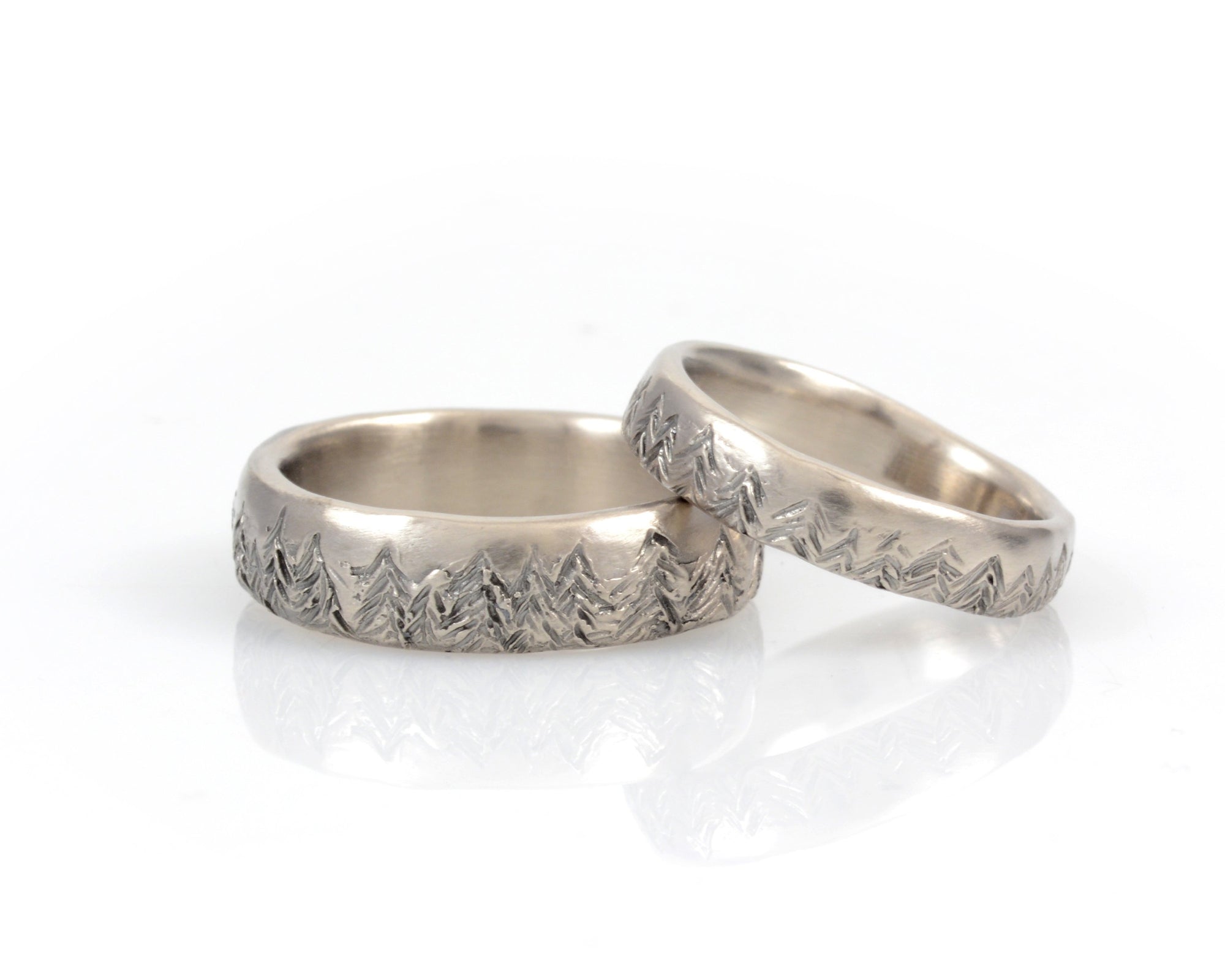 Tree Line Wedding Rings in Palladium/Silver 4mm size 6 - Ready to Ship - Beth Cyr Handmade Jewelry