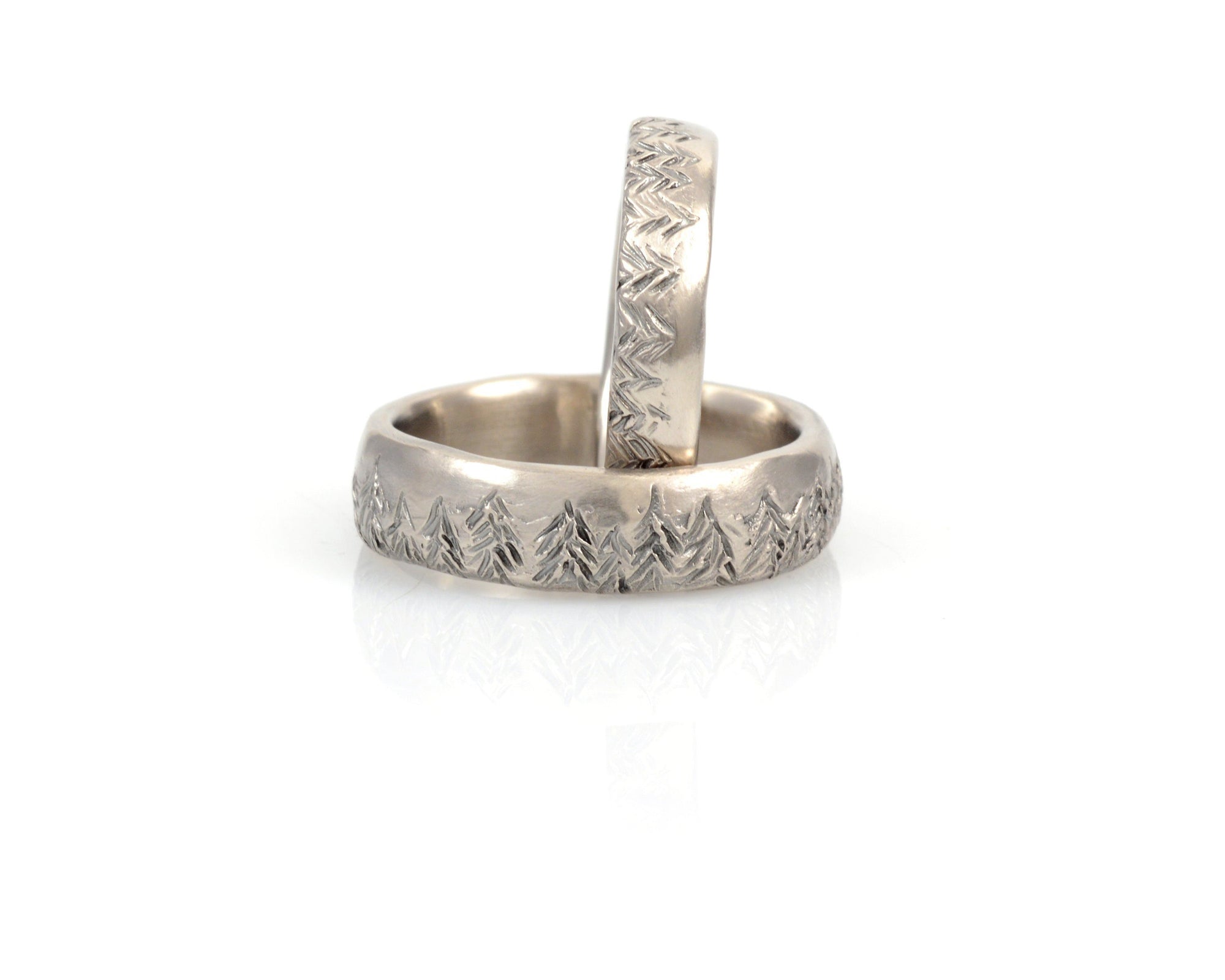 Tree Line Wedding Rings in Palladium/Silver 4mm size 6 - Ready to Ship - Beth Cyr Handmade Jewelry