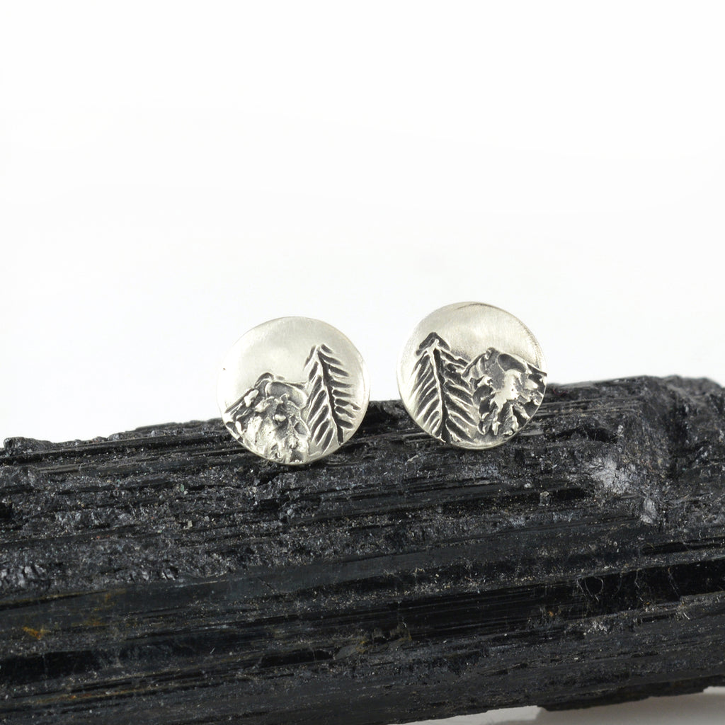 Landscape Earrings - Tree and Mountain Sterling Silver Post Earrings - Ready to Ship