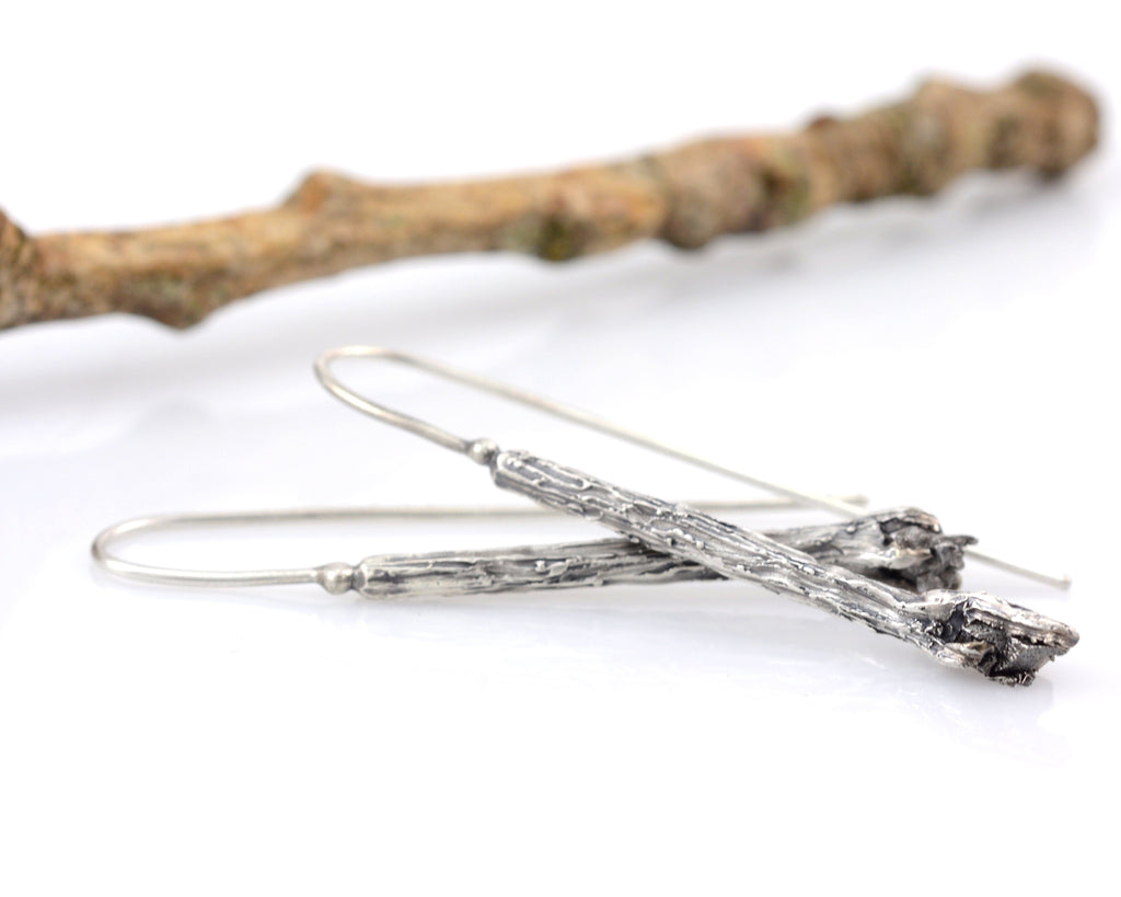 Meteorite and Tree Bark Earrings in Sterling Silver - Ready to Ship - Beth Cyr Handmade Jewelry