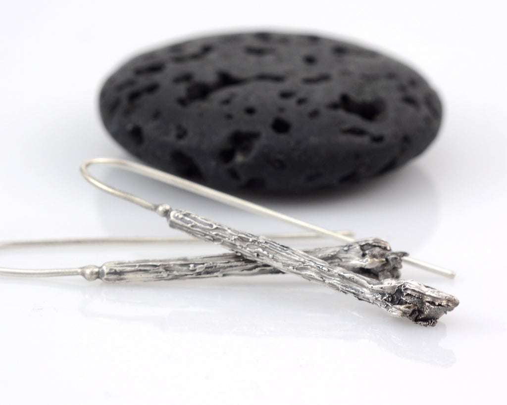 Meteorite and Tree Bark Earrings in Sterling Silver - Ready to Ship - Beth Cyr Handmade Jewelry