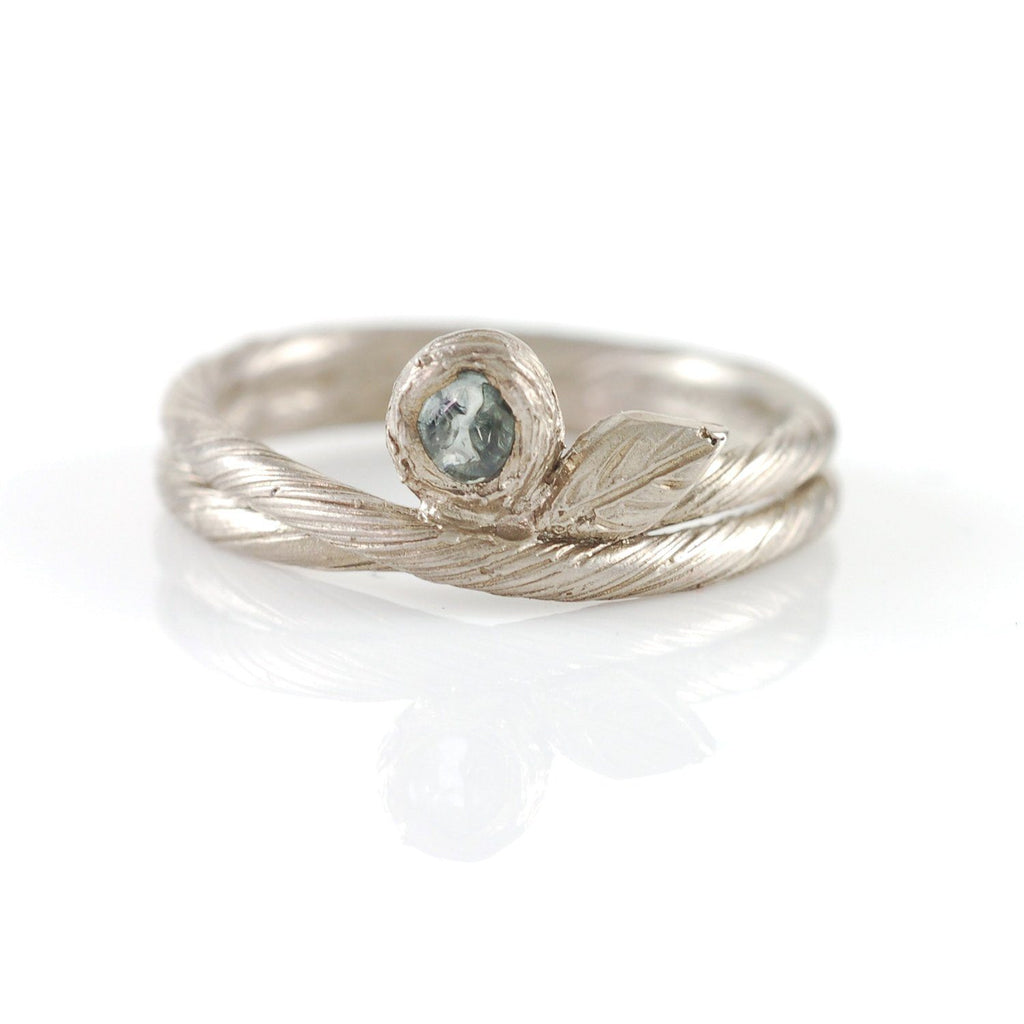 Vine and Leaf Ring with Rough Montana Sapphire in Palladium/Silver  - size 5.5 - Ready to Ship - Beth Cyr Handmade Jewelry