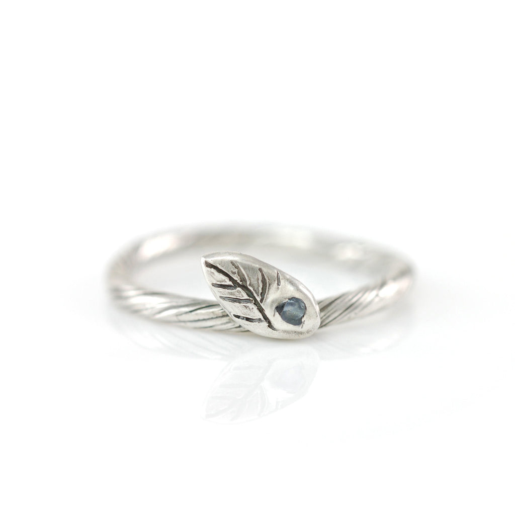 Vine and Leaf Ring with Light Blue-Green Sapphire Leaf in Palladium Sterling Silver - size 4.5 - Ready to Ship - Beth Cyr Handmade Jewelry