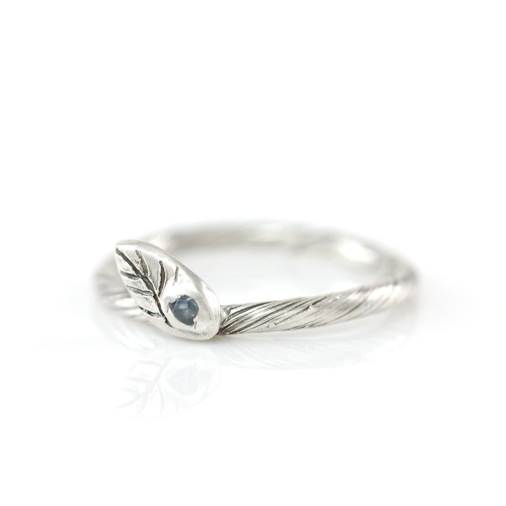 Vine and Leaf Ring with Light Blue-Green Sapphire Leaf in Palladium Sterling Silver - size 4.5 - Ready to Ship - Beth Cyr Handmade Jewelry