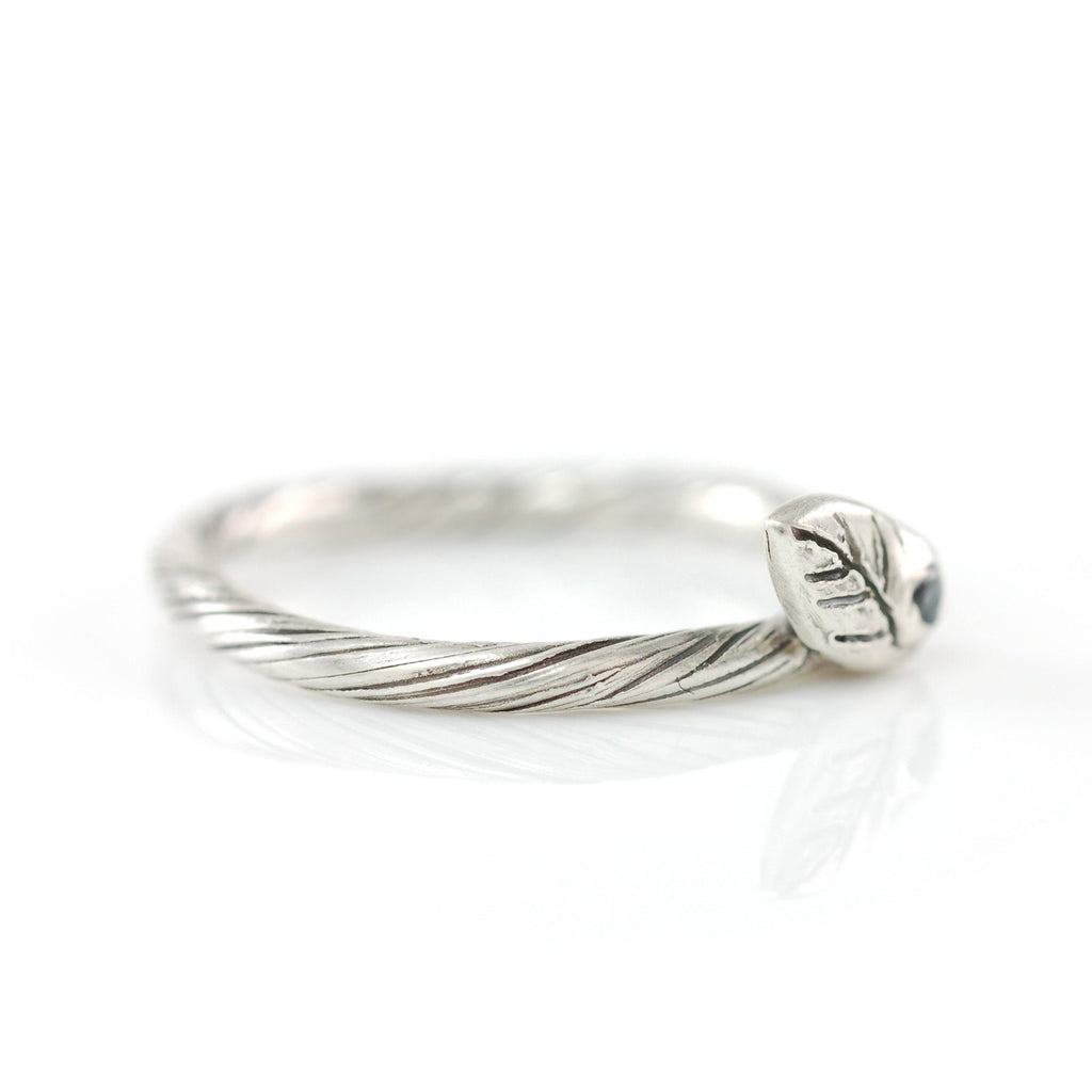 Vine and Leaf Ring with Light Blue-Green Sapphire Leaf in Palladium Sterling Silver - size 4.5 - Ready to Ship - Beth Cyr Handmade Jewelry