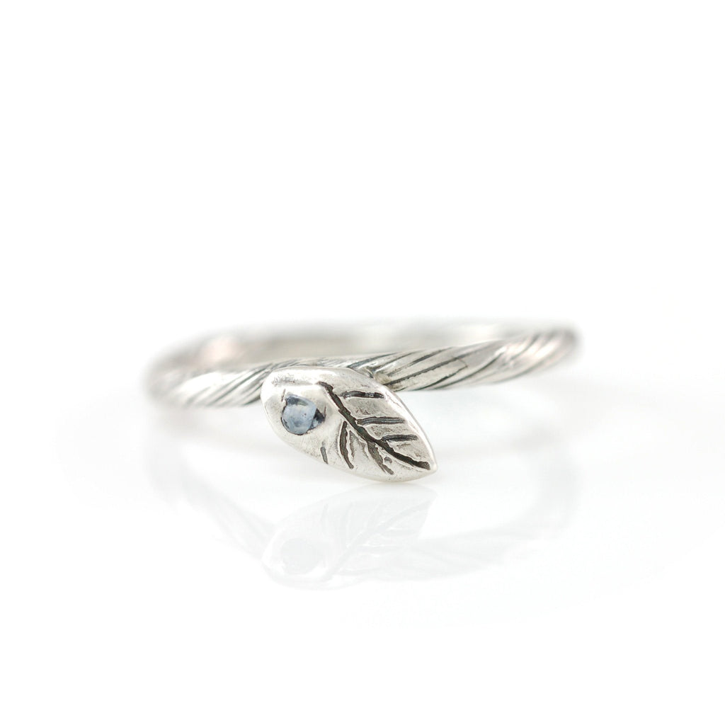 Vine and Leaf Ring with Light Blue-Green Sapphire Leaf in Palladium Sterling Silver - size 4.5 - Ready to Ship - Beth Cyr Handmade Jewelry