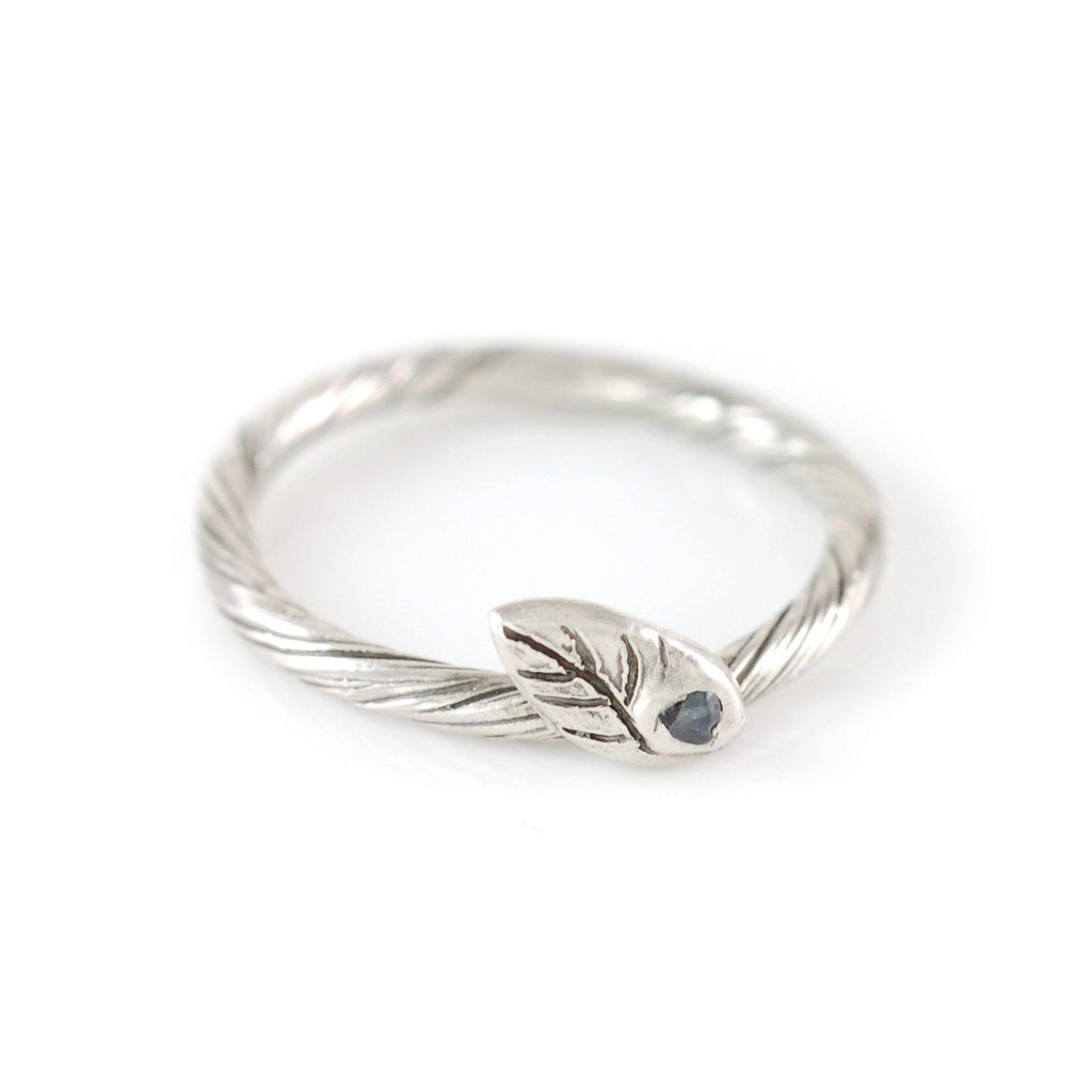 Vine and Leaf Ring with Light Blue-Green Sapphire Leaf in Palladium Sterling Silver - size 4.5 - Ready to Ship - Beth Cyr Handmade Jewelry