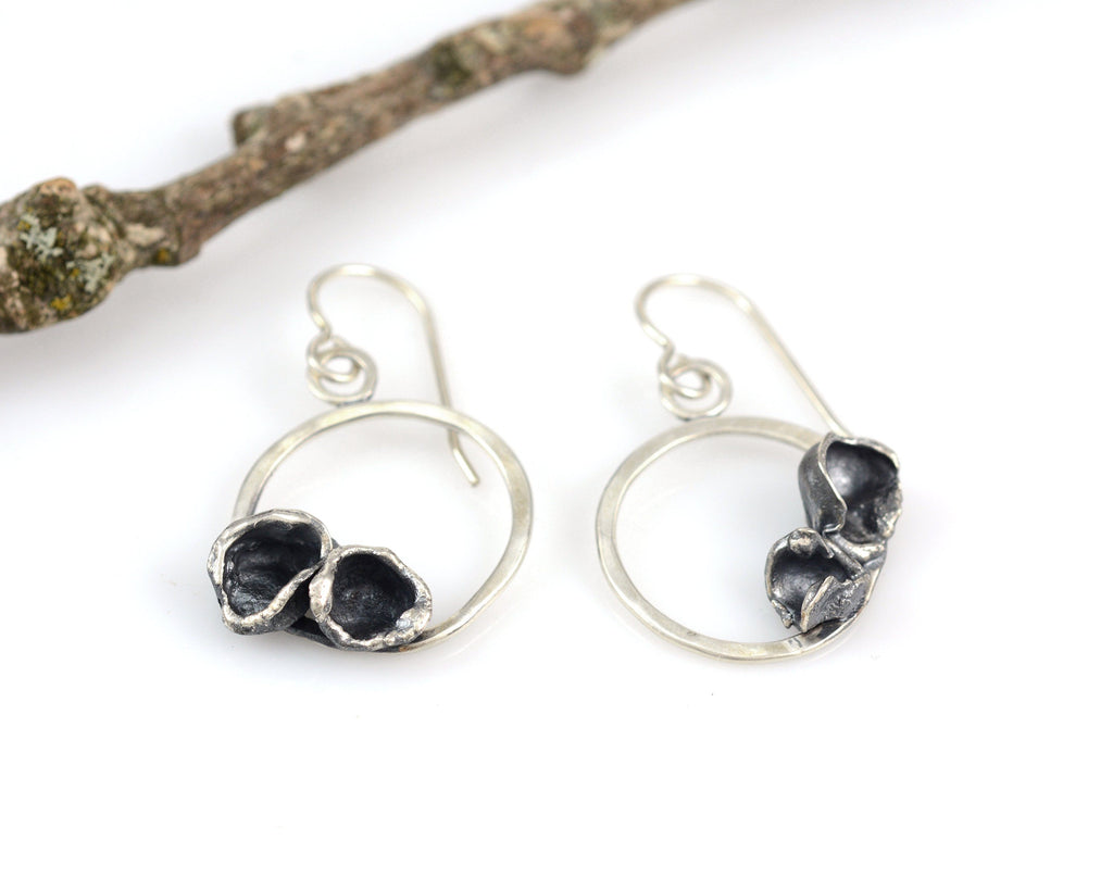 Water Cast Blooms on Small Circle Earrings in Sterling Silver #30 - Ready to Ship - Beth Cyr Handmade Jewelry