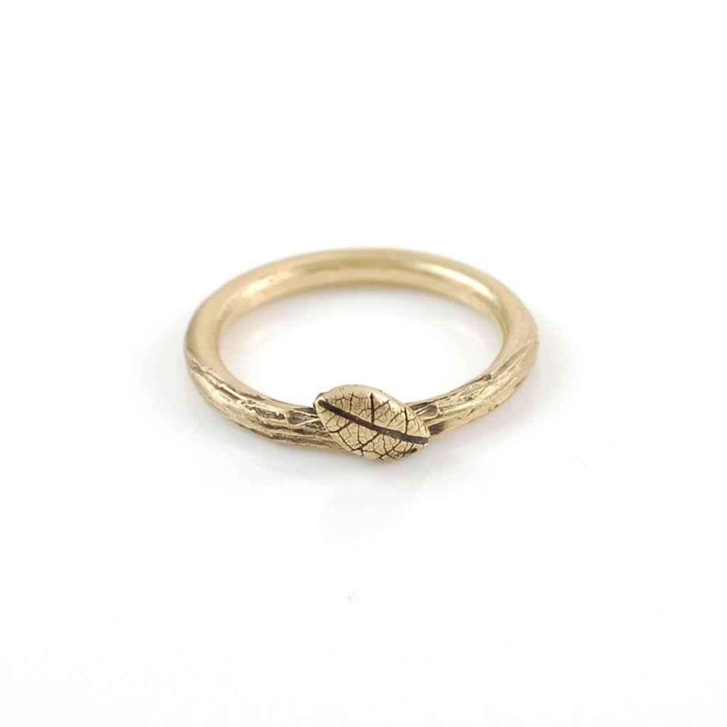 Twig and Leaf Imprint Ring in 14k Yellow Gold - size 4 - Ready to Ship - Beth Cyr Handmade Jewelry