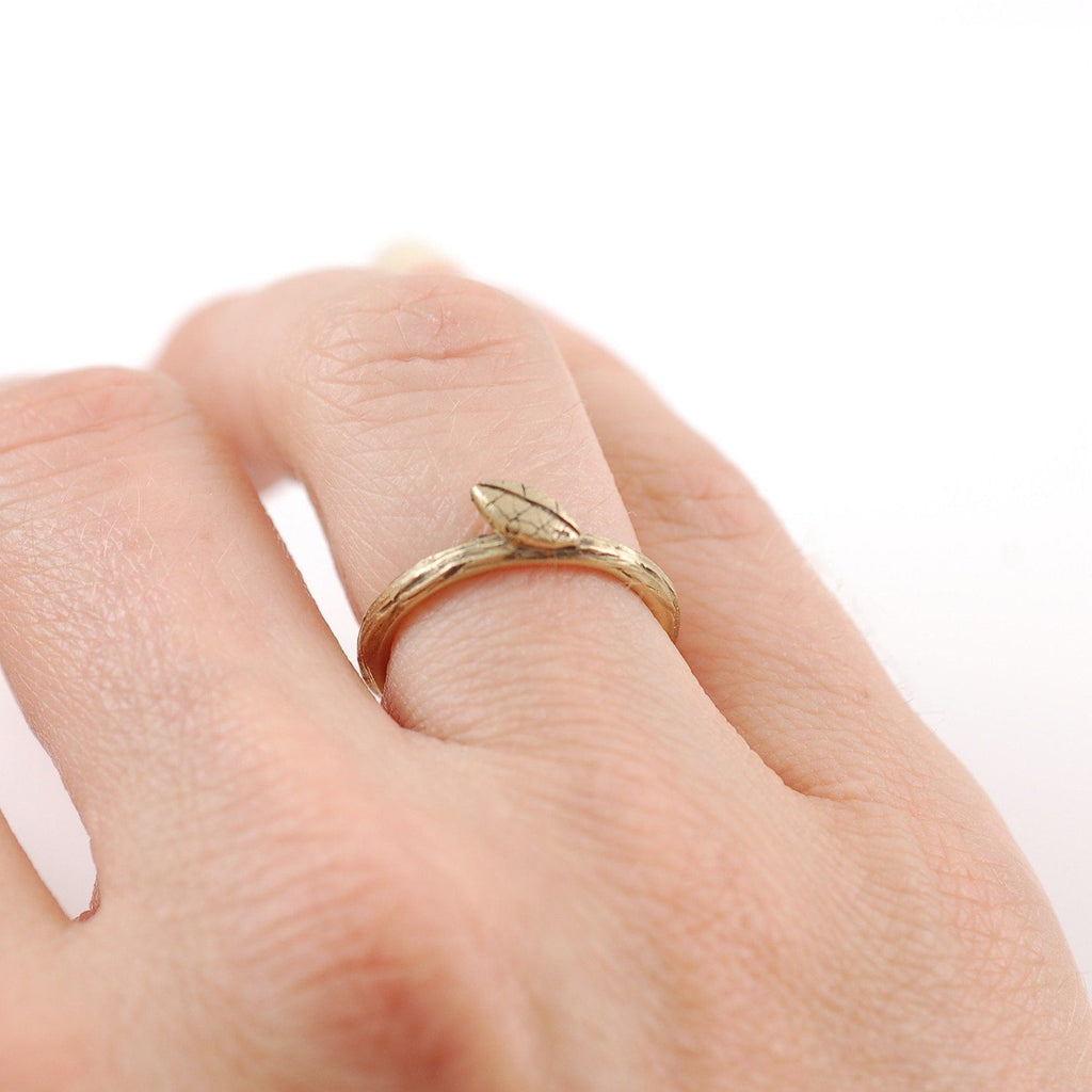 Twig and Leaf Imprint Ring in 14k Yellow Gold - size 4 - Ready to Ship - Beth Cyr Handmade Jewelry