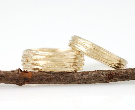 Tree Bark Wedding Rings in Yellow Gold - Made to Order - Beth Cyr Handmade Jewelry