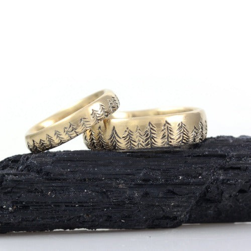 Tree Line Wedding Rings in Yellow Gold - Made to Order - Beth Cyr Handmade Jewelry