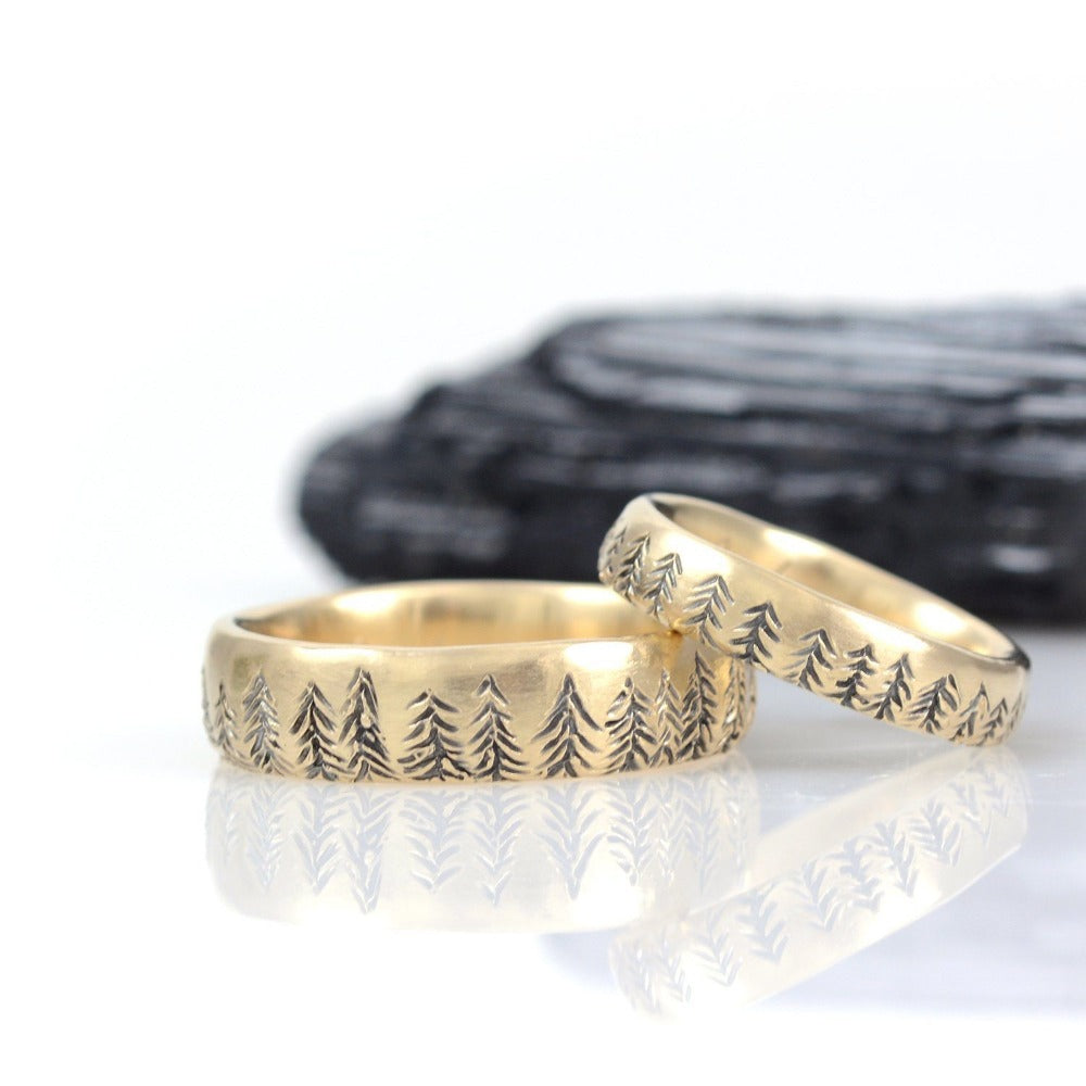 Tree Line Wedding Rings in Yellow Gold - Made to Order - Beth Cyr Handmade Jewelry